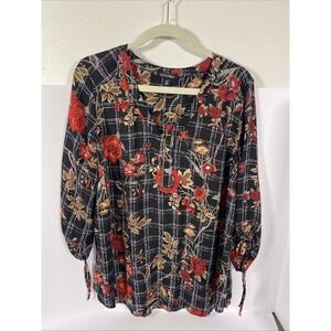 Roz & Ali Tunic 1/4 Zip Neck 3/4 Sleeve 2X  Plus Floral R1